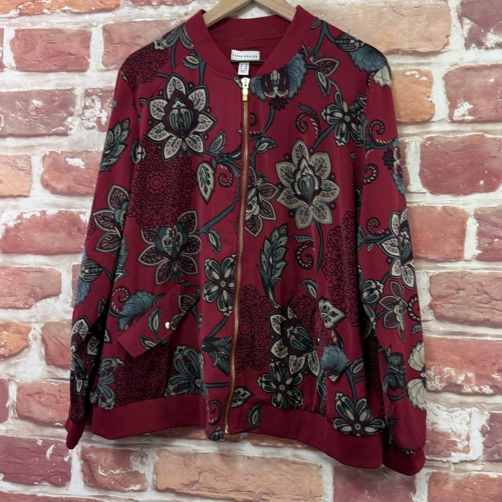 Susan Graver Jacket Women's 1X Dark Red Multicolor Boho Floral Casual Zip Up - Picture 3 of 9